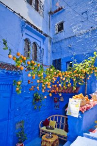 A blue alleyway with oranges hanging from it